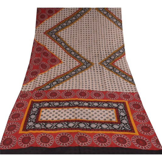 Sanskriti Vintage Sarees Ivory Pure Georgette Silk Print Sari 5+yd Craft Sustainable Fabric