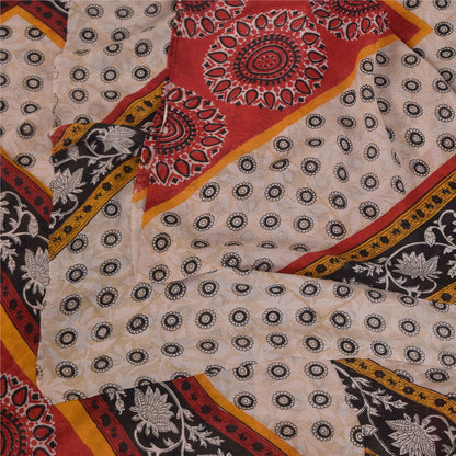 Sanskriti Vintage Sarees Ivory Pure Georgette Silk Print Sari 5+yd Craft Sustainable Fabric