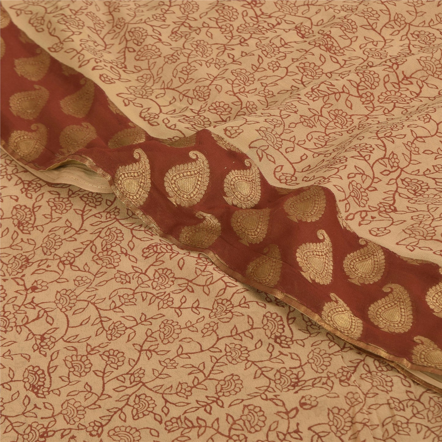 Sanskriti Vintage Sarees Cream Pure Georgette Woven Print Sari 6yd Craft Sustainable Fabric