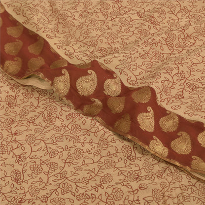 Sanskriti Vintage Sarees Cream Pure Georgette Woven Print Sari 6yd Craft Sustainable Fabric