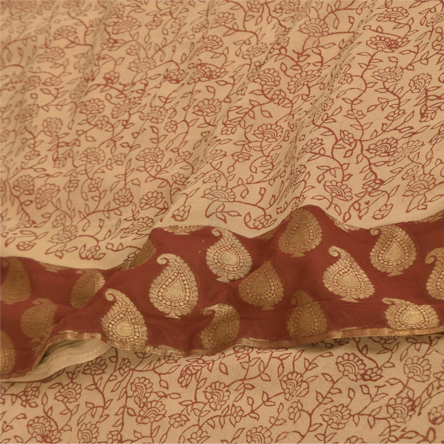 Sanskriti Vintage Sarees Cream Pure Georgette Woven Print Sari 6yd Craft Sustainable Fabric