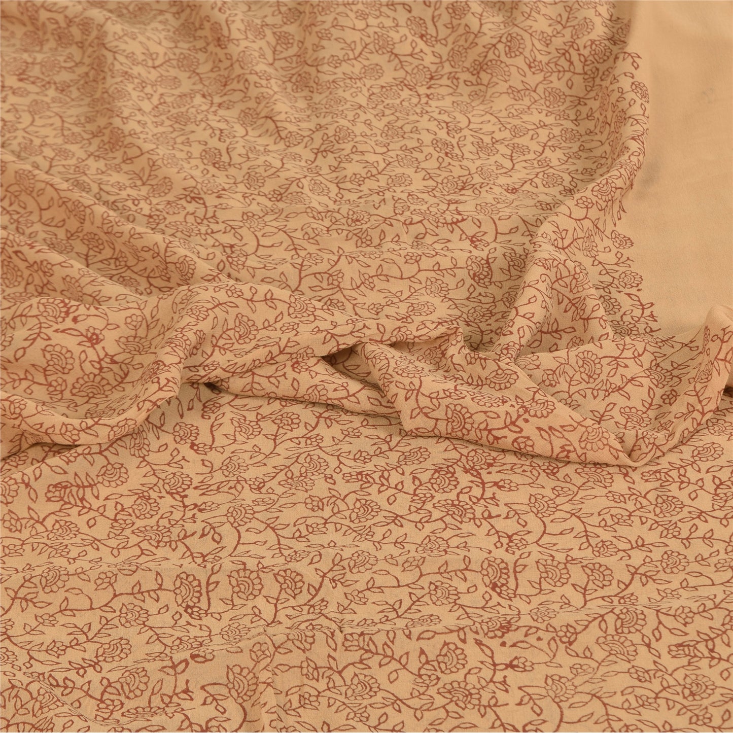 Sanskriti Vintage Sarees Cream Pure Georgette Woven Print Sari 6yd Craft Sustainable Fabric