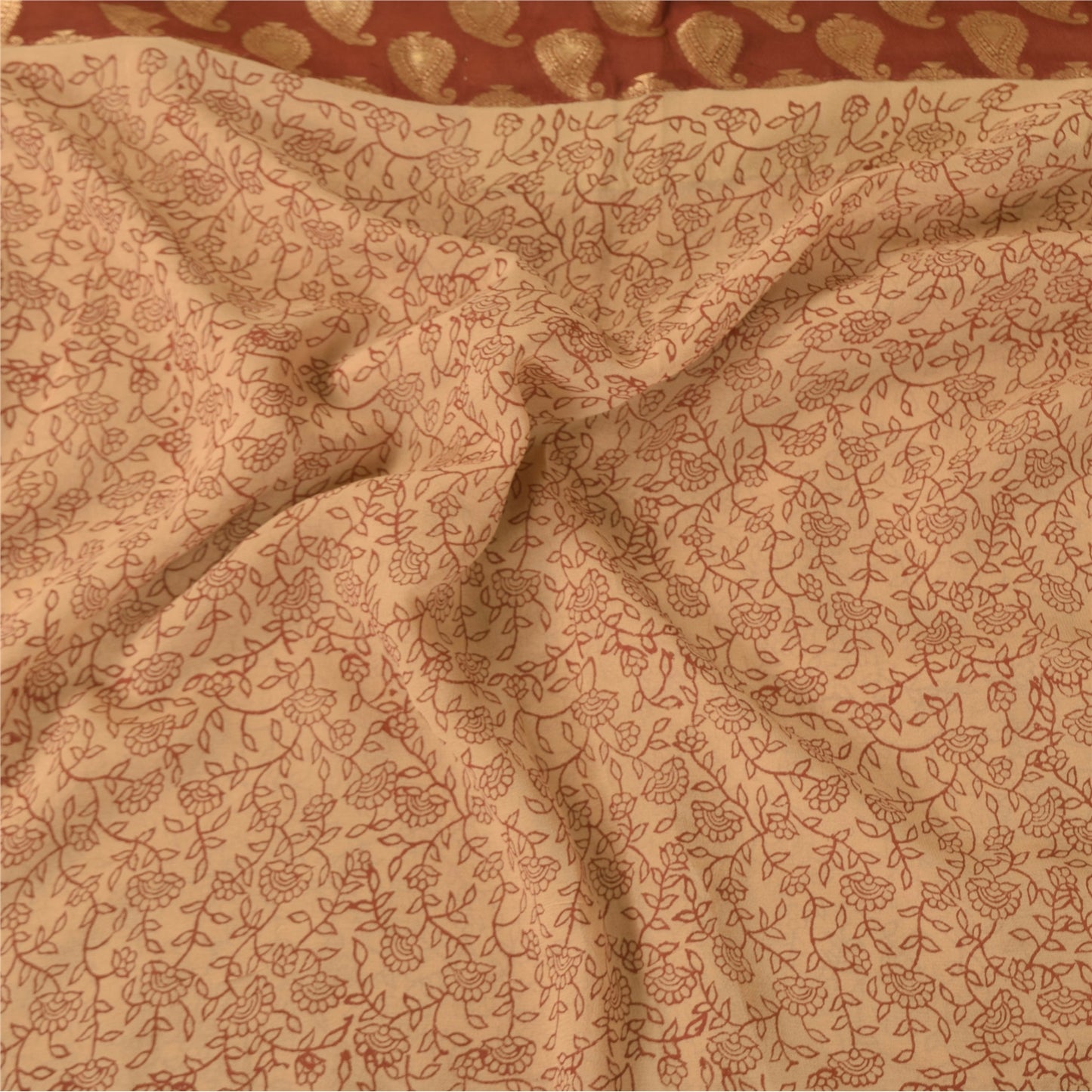 Sanskriti Vintage Sarees Cream Pure Georgette Woven Print Sari 6yd Craft Sustainable Fabric