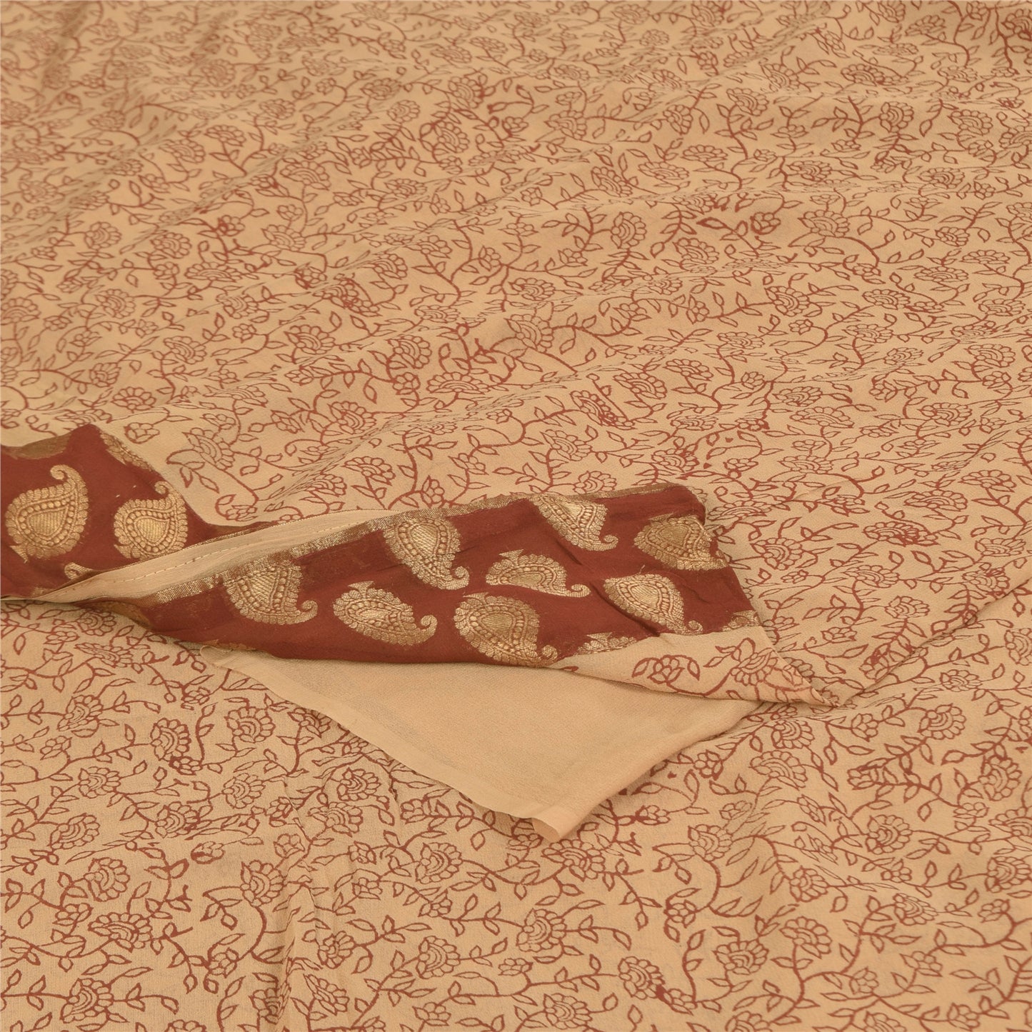 Sanskriti Vintage Sarees Cream Pure Georgette Woven Print Sari 6yd Craft Sustainable Fabric