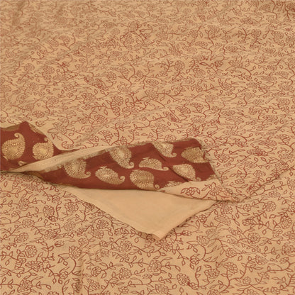 Sanskriti Vintage Sarees Cream Pure Georgette Woven Print Sari 6yd Craft Sustainable Fabric