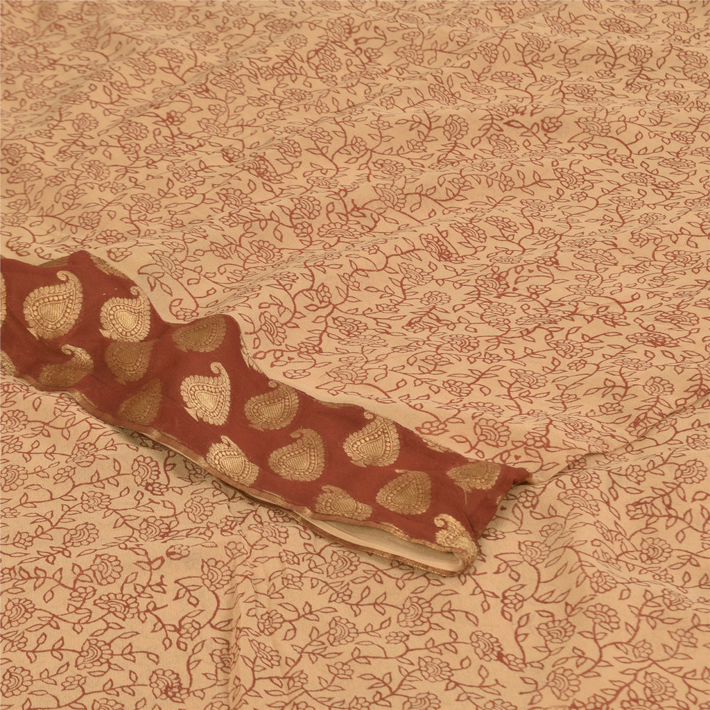 Sanskriti Vintage Sarees Cream Pure Georgette Woven Print Sari 6yd Craft Sustainable Fabric