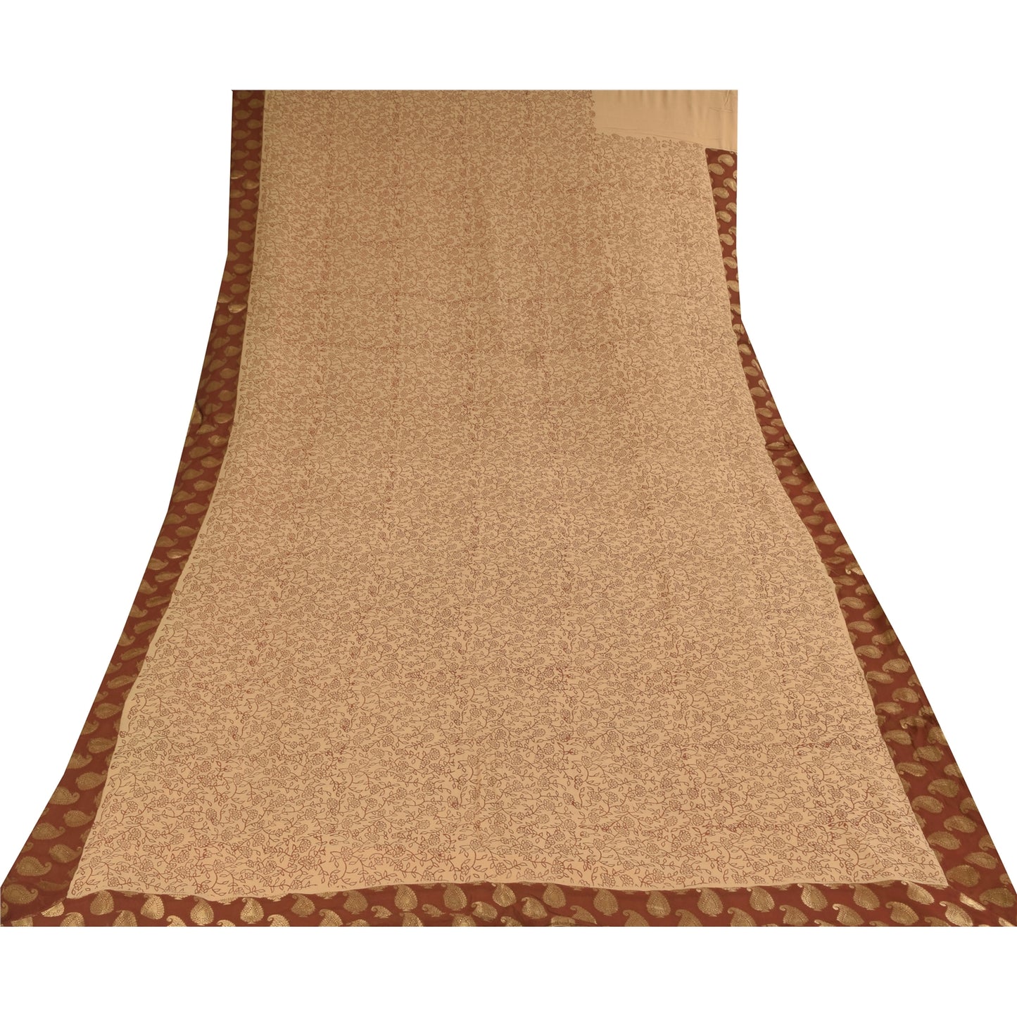 Sanskriti Vintage Sarees Cream Pure Georgette Woven Print Sari 6yd Craft Sustainable Fabric