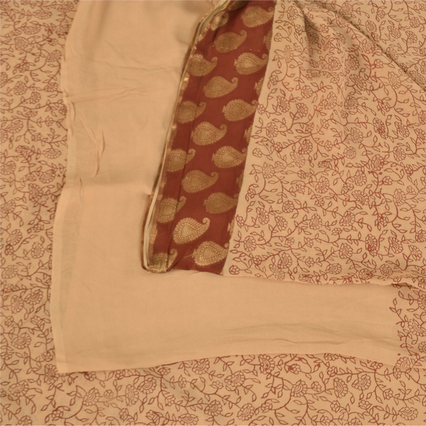 Sanskriti Vintage Sarees Cream Pure Georgette Woven Print Sari 6yd Craft Sustainable Fabric
