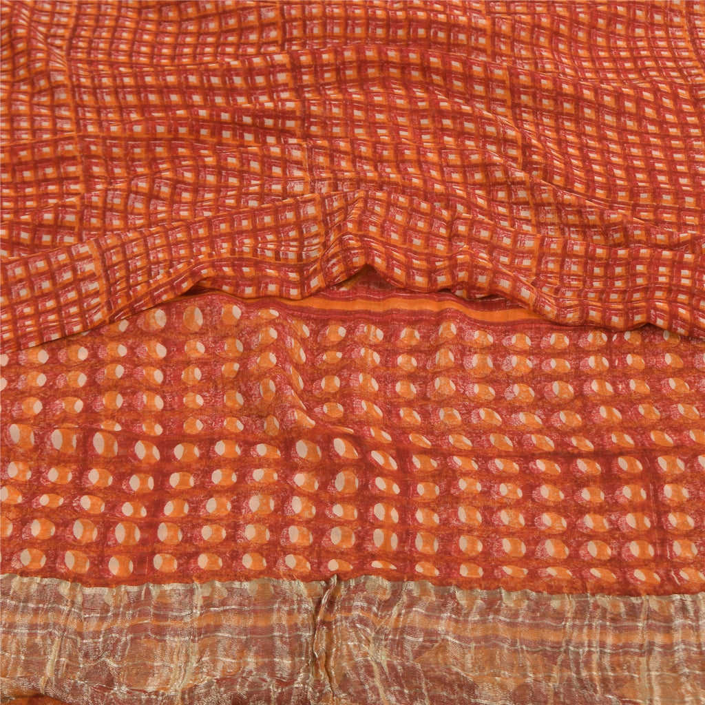 Sanskriti Vintage Sarees Orange Pure Georgette Silk Print Sari 5+yd Craft Sustainable Fabric