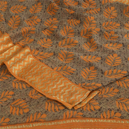 Sanskriti Vintage Sarees Brown/Saffron Pure Georgette Print WovenSari 6yd Sustainable Fabric