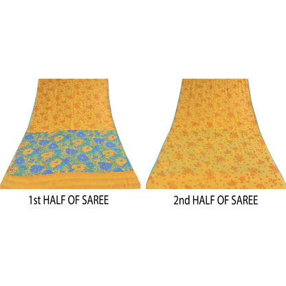Sanskriti Vintage Sarees Yellow Pure Georgette Silk Print Sari 5+yd Craft Sustainable Fabric