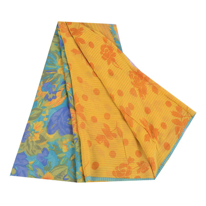 Sanskriti Vintage Sarees Yellow Pure Georgette Silk Print Sari 5+yd Craft Sustainable Fabric