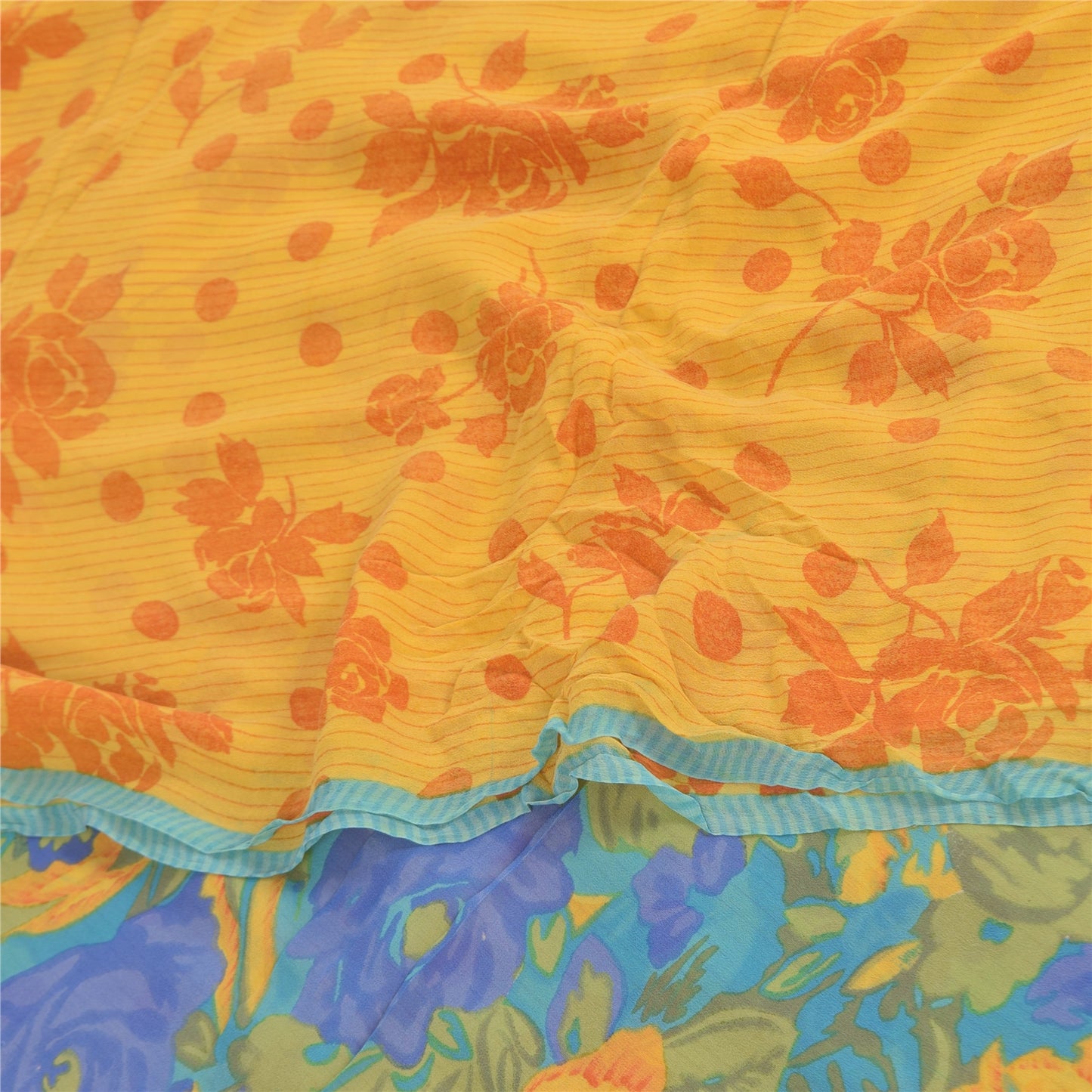 Sanskriti Vintage Sarees Yellow Pure Georgette Silk Print Sari 5+yd Craft Sustainable Fabric