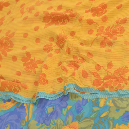 Sanskriti Vintage Sarees Yellow Pure Georgette Silk Print Sari 5+yd Craft Sustainable Fabric