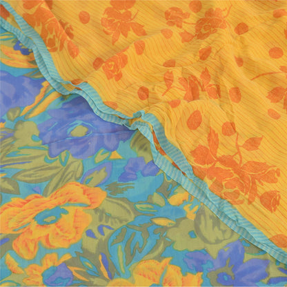 Sanskriti Vintage Sarees Yellow Pure Georgette Silk Print Sari 5+yd Craft Sustainable Fabric