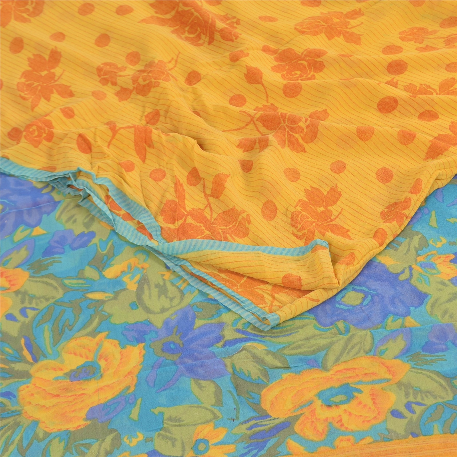 Sanskriti Vintage Sarier Gul Ren Georgette Silke Print Sari 5+ yard Håndværk Bæredygtigt Stoff