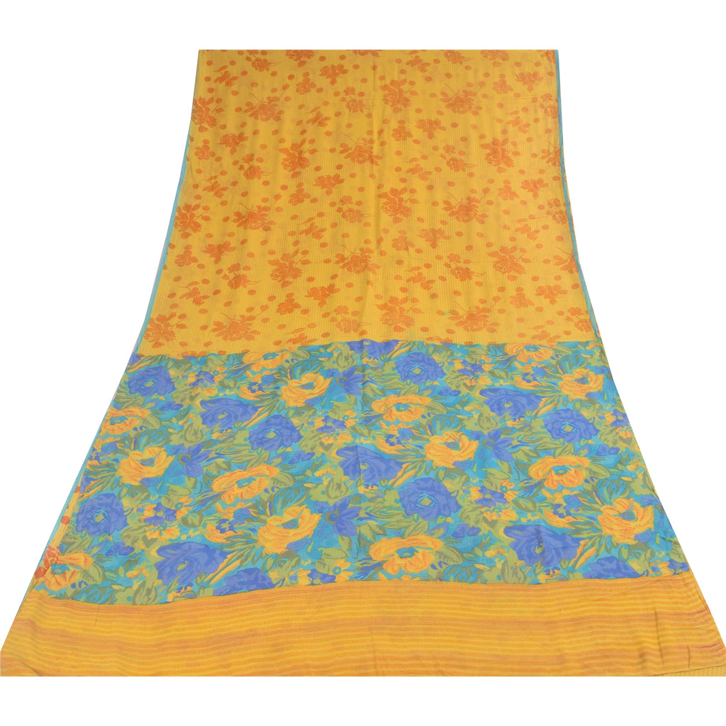 Sanskriti Vintage Sarees Yellow Pure Georgette Silk Print Sari 5+yd Craft Sustainable Fabric