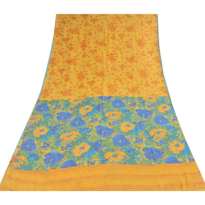 Sanskriti Vintage Sarees Yellow Pure Georgette Silk Print Sari 5+yd Craft Sustainable Fabric