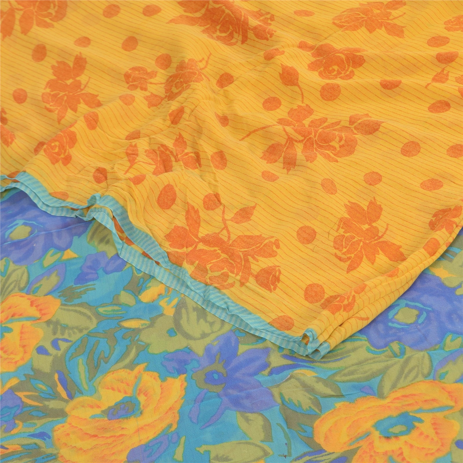 Sanskriti Vintage Sarier Gul Ren Georgette Silke Print Sari 5+ yard Håndværk Bæredygtigt Stoff