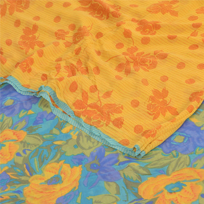 Sanskriti Vintage Sarees Yellow Pure Georgette Silk Print Sari 5+yd Craft Sustainable Fabric