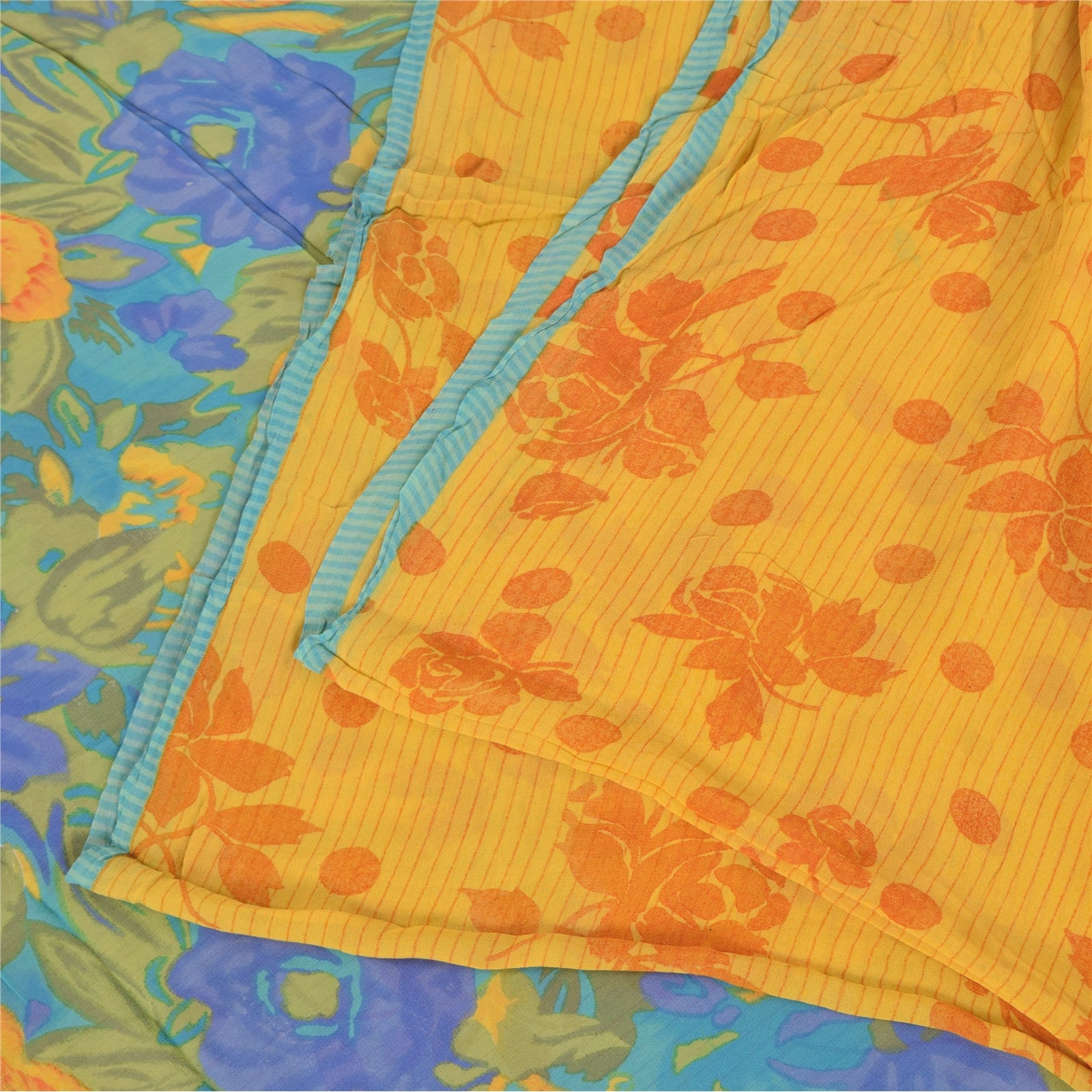 Sanskriti Vintage Sarier Gul Ren Georgette Silke Print Sari 5+ yard Håndværk Bæredygtigt Stoff