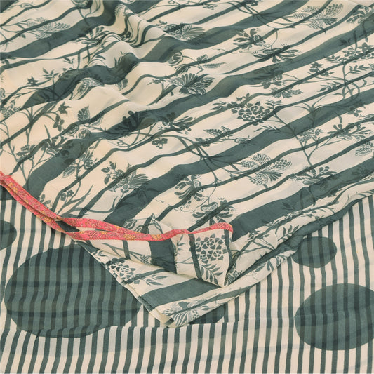 Sanskriti Vintage Sarees Ivory/Green Pure Georgette Print Sari 6+yd Craft Sustainable Fabric