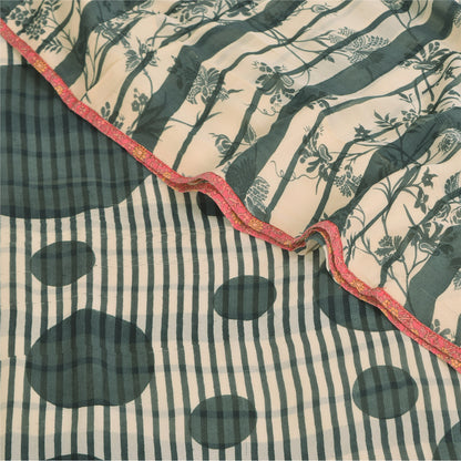 Sanskriti Vintage Sari 100% Pure Georgette Silk Sarees Ivory/Green Printed 6+Yd Craft Fabric Home Decor, Women Floral Outfit, Silk Scrap