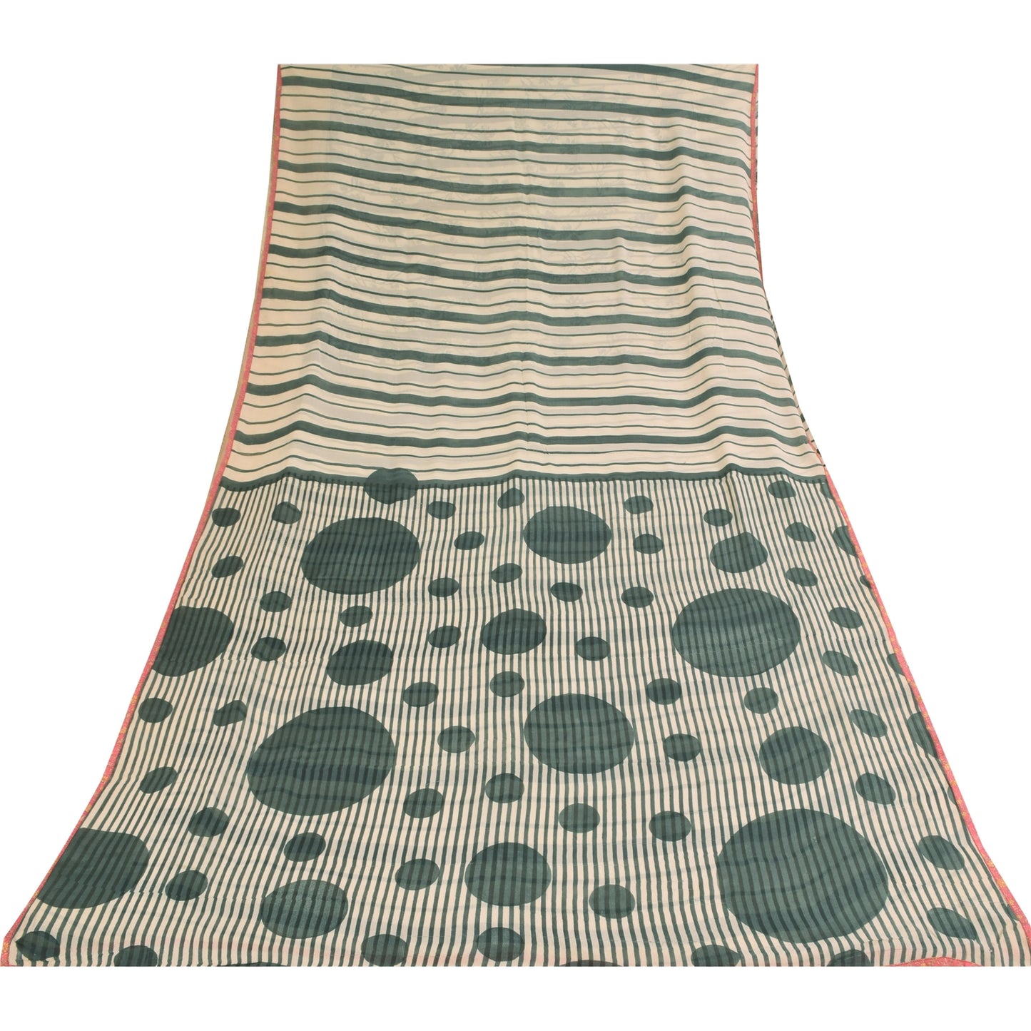 Sanskriti Vintage Sari 100% Pure Georgette Silk Sarees Ivory/Green Printed 6+Yd Craft Fabric Home Decor, Women Floral Outfit, Silk Scrap
