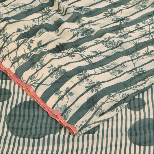 Sanskriti Vintage Sarees Ivory/Green Pure Georgette Print Sari 6+yd Craft Sustainable Fabric