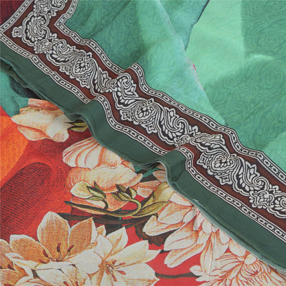 Sanskriti Vintage Sarees Green Pure Georgette Silk Print Sari 5+yd Craft Sustainable Fabric