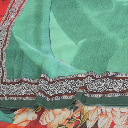 Sanskriti Vintage Sarees Green Pure Georgette Silk Print Sari 5+yd Craft Sustainable Fabric
