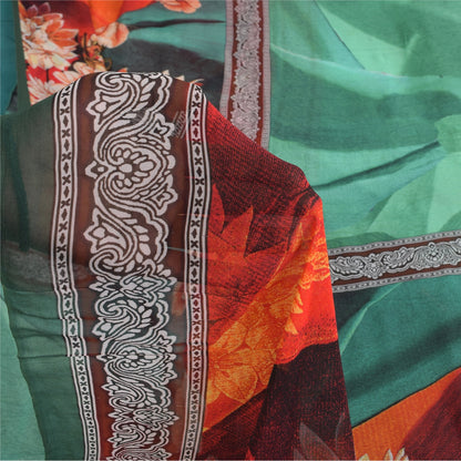 Sanskriti Vintage Sarees Green Pure Georgette Silk Print Sari 5+yd Craft Sustainable Fabric