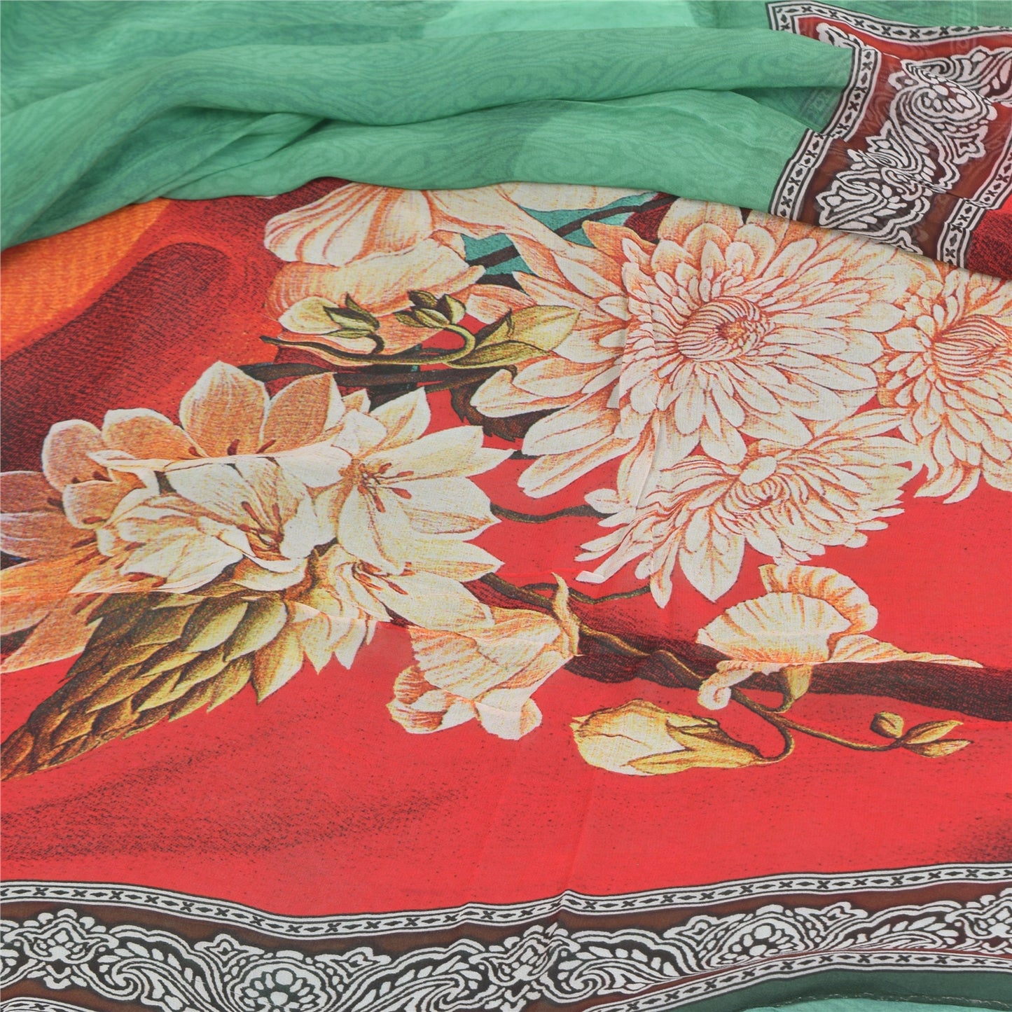 Sanskriti Vintage Sarees Green Pure Georgette Silk Print Sari 5+yd Craft Sustainable Fabric