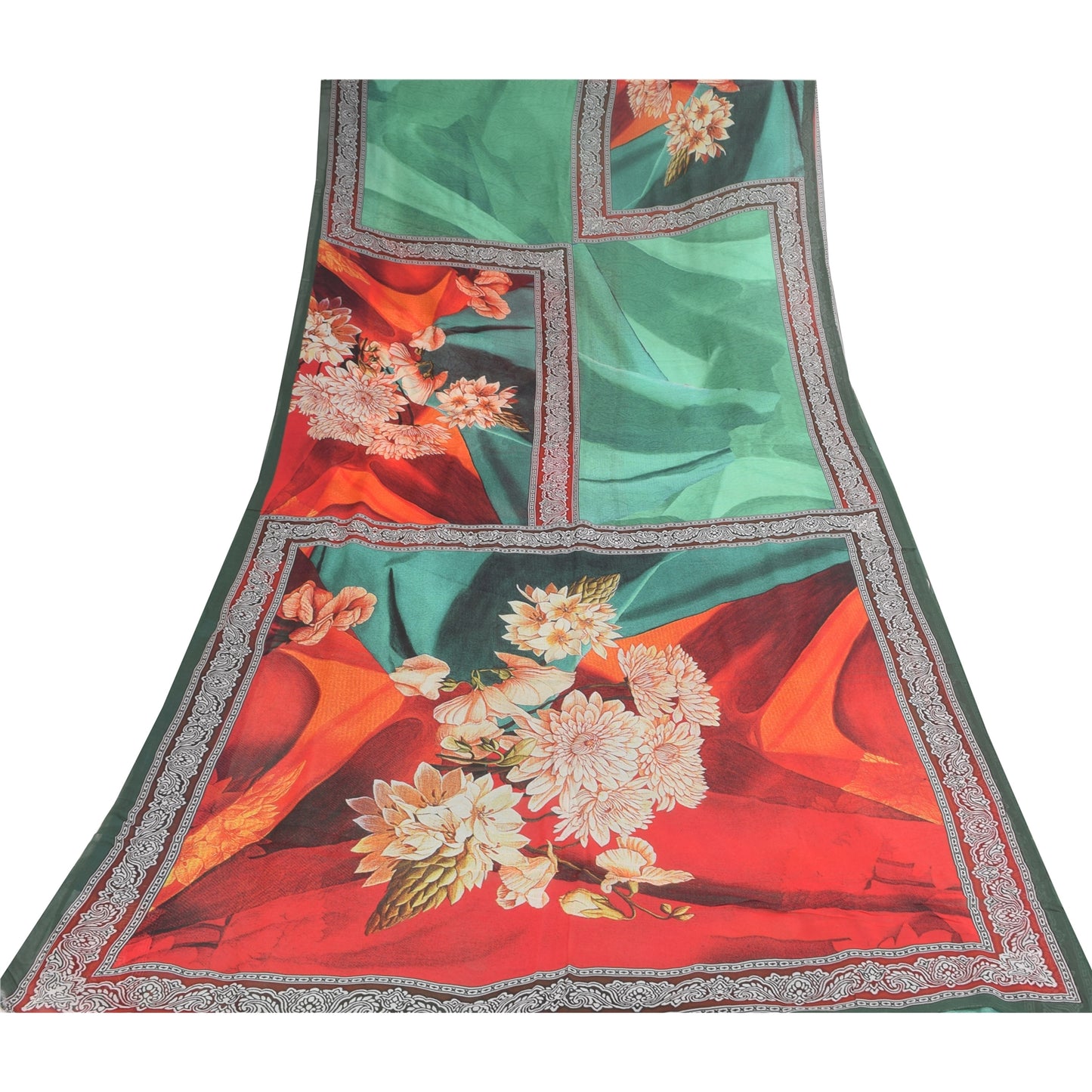 Sanskriti Vintage Sarees Green Pure Georgette Silk Print Sari 5+yd Craft Sustainable Fabric