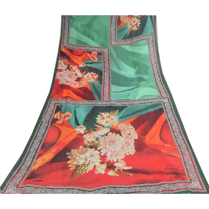 Sanskriti Vintage Sarees Green Pure Georgette Silk Print Sari 5+yd Craft Sustainable Fabric