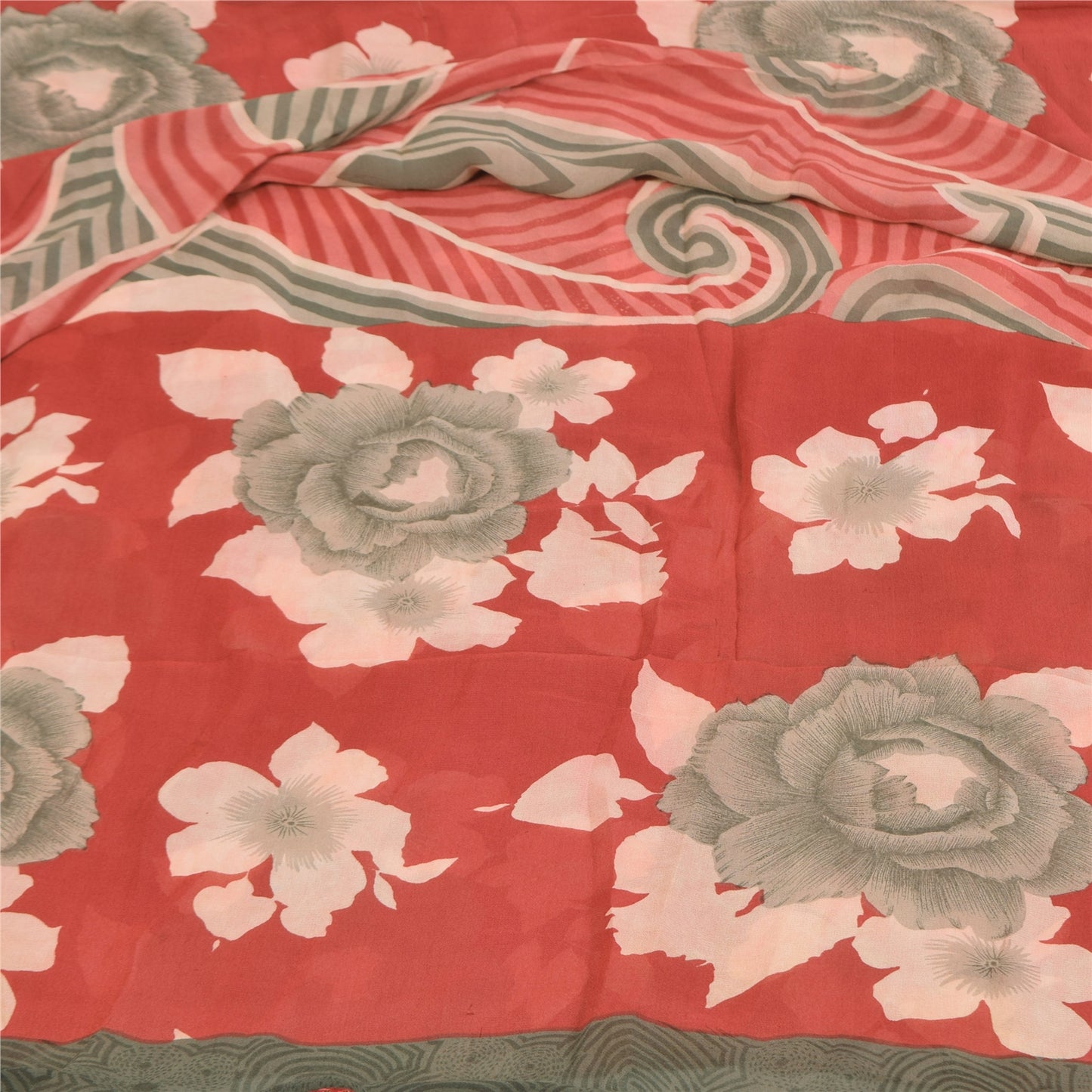 Sanskriti Vintage Sarees Red/Gray Pure Georgette Printed Sari 5+yd Craft Sustainable Fabric