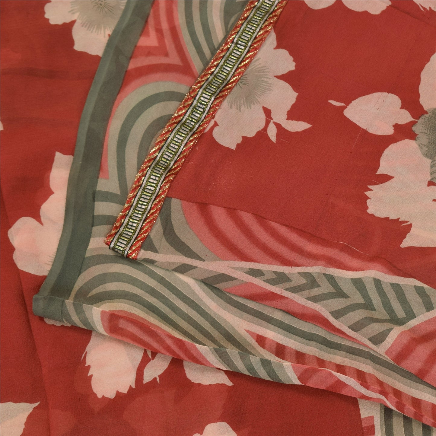 Sanskriti Vintage Sarees Red/Gray Pure Georgette Printed Sari 5+yd Craft Sustainable Fabric