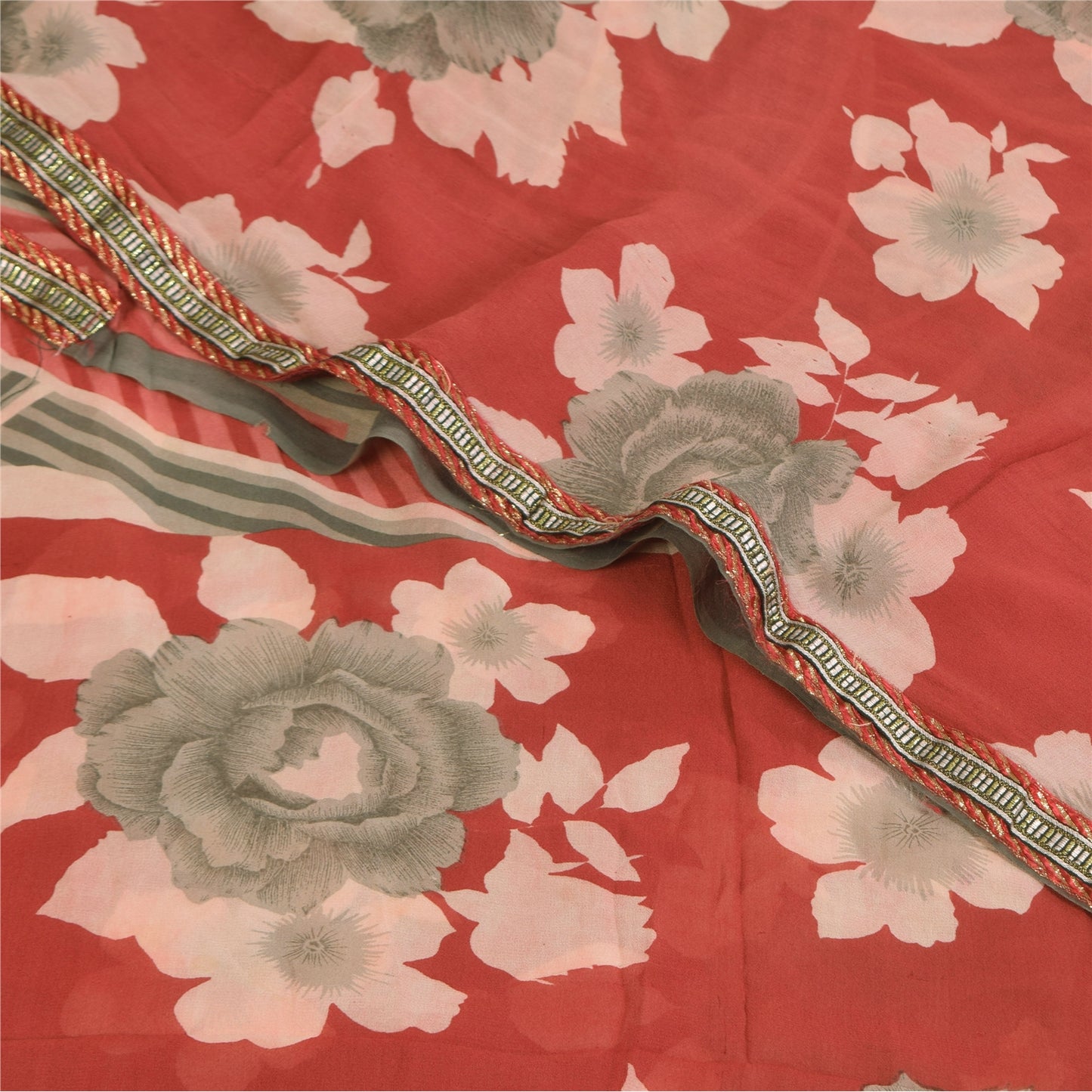 Sanskriti Vintage Sarees Red/Gray Pure Georgette Printed Sari 5+yd Craft Sustainable Fabric