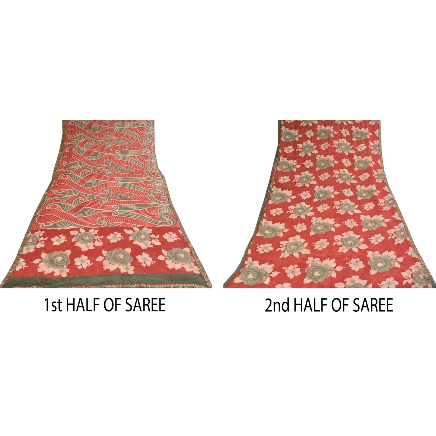 Sanskriti Vintage Sarees Red/Gray Pure Georgette Printed Sari 5+yd Craft Sustainable Fabric