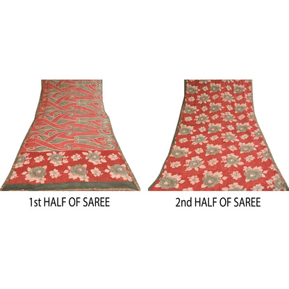 Sanskriti Vintage Sarees Red/Gray Pure Georgette Printed Sari 5+yd Craft Sustainable Fabric