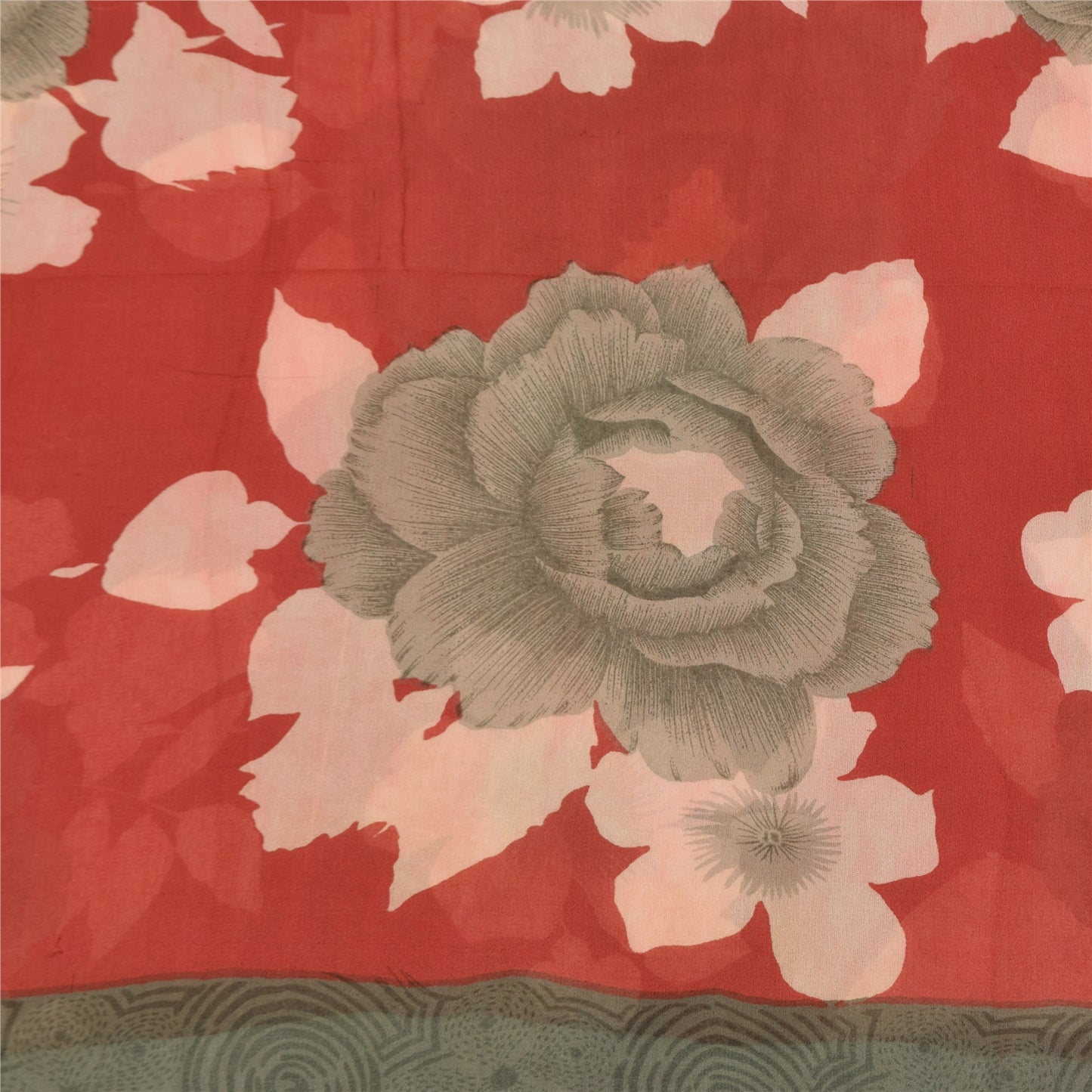 Sanskriti Vintage Sarees Red/Gray Pure Georgette Printed Sari 5+yd Craft Sustainable Fabric
