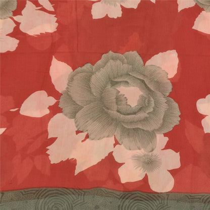 Sanskriti Vintage Sarees Red/Gray Pure Georgette Printed Sari 5+yd Craft Sustainable Fabric