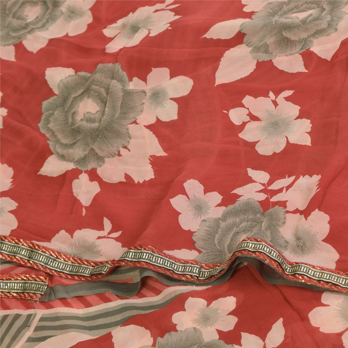 Sanskriti Vintage Sarees Red/Gray Pure Georgette Printed Sari 5+yd Craft Sustainable Fabric