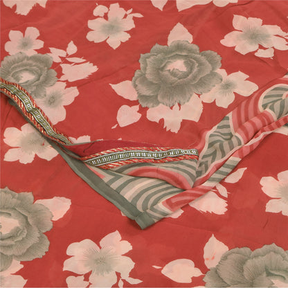 Sanskriti Vintage Sarees Red/Gray Pure Georgette Printed Sari 5+yd Craft Sustainable Fabric