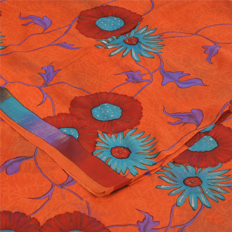 Sanskriti Vintage Sarees Orange Pure Georgette Printed Sari 5+yd Craft Fabric