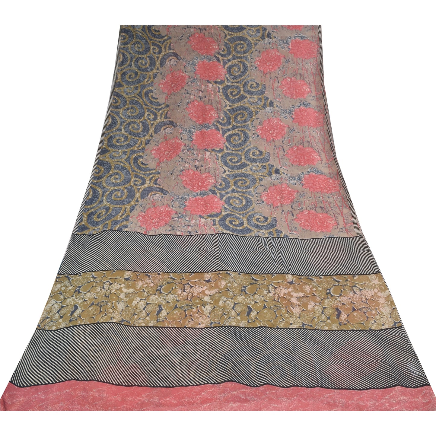 Sanskriti Vintage Sarees Multi Pure Georgette Silk Print Sari 5+yd Craft Sustainable Fabric