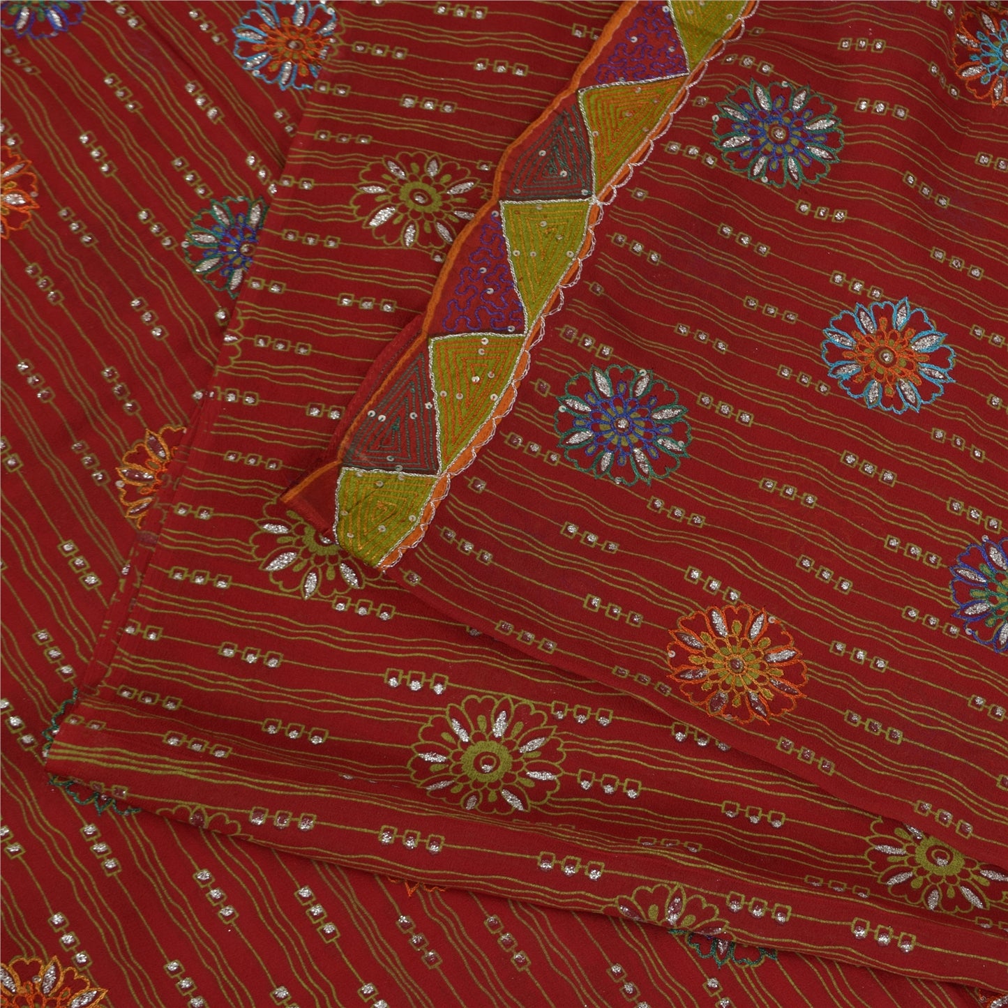 Sanskriti Vintage Sarees Red Pure Georgette Hand Beaded Printed Sari Sustainable Fabric