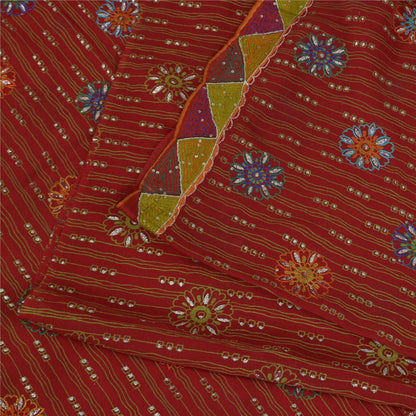 Sanskriti Vintage Sarees Red Pure Georgette Hand Beaded Printed Sari Sustainable Fabric