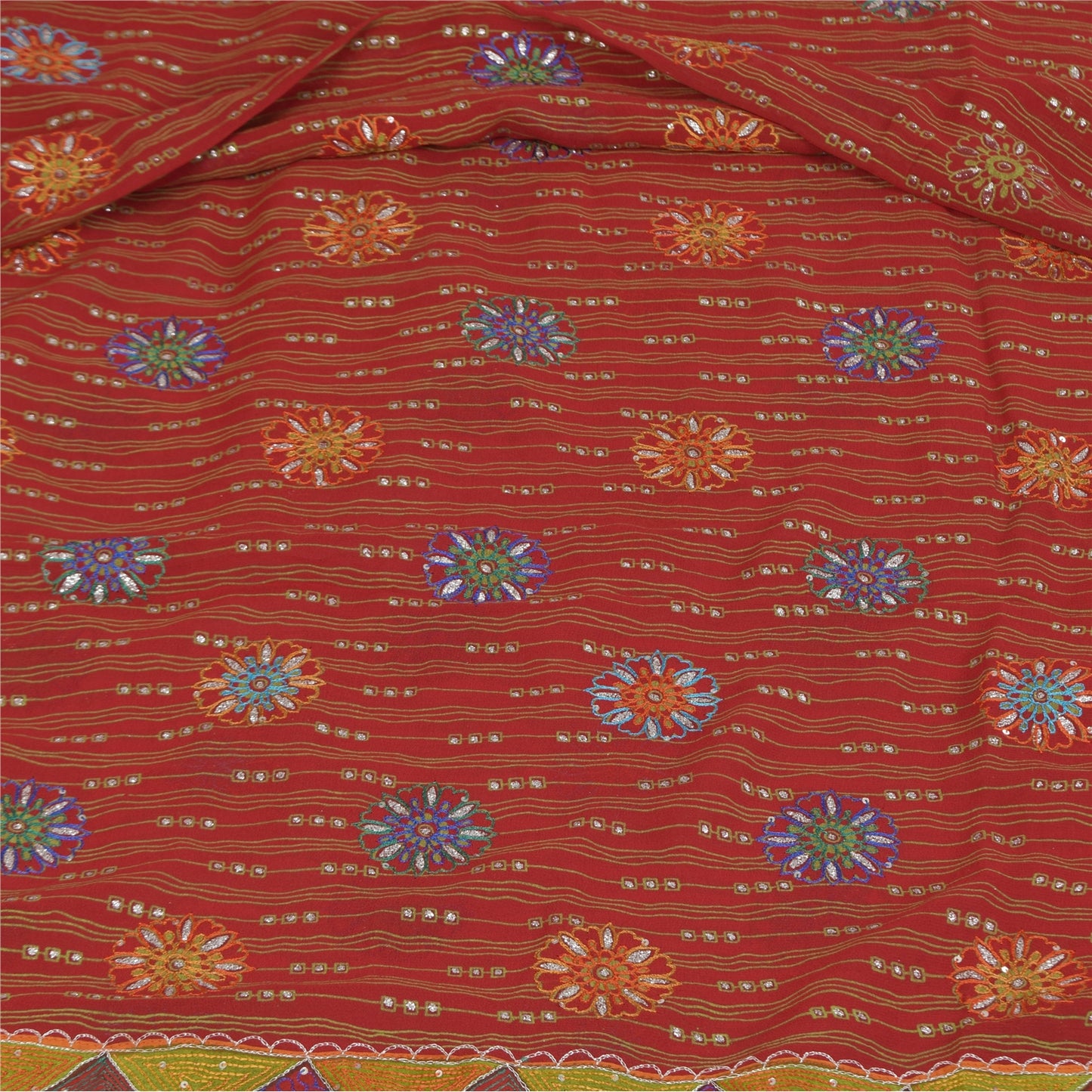 Sanskriti Vintage Sarees Red Pure Georgette Hand Beaded Printed Sari Sustainable Fabric