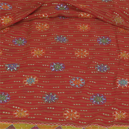 Sanskriti Vintage Sarees Red Pure Georgette Hand Beaded Printed Sari Sustainable Fabric